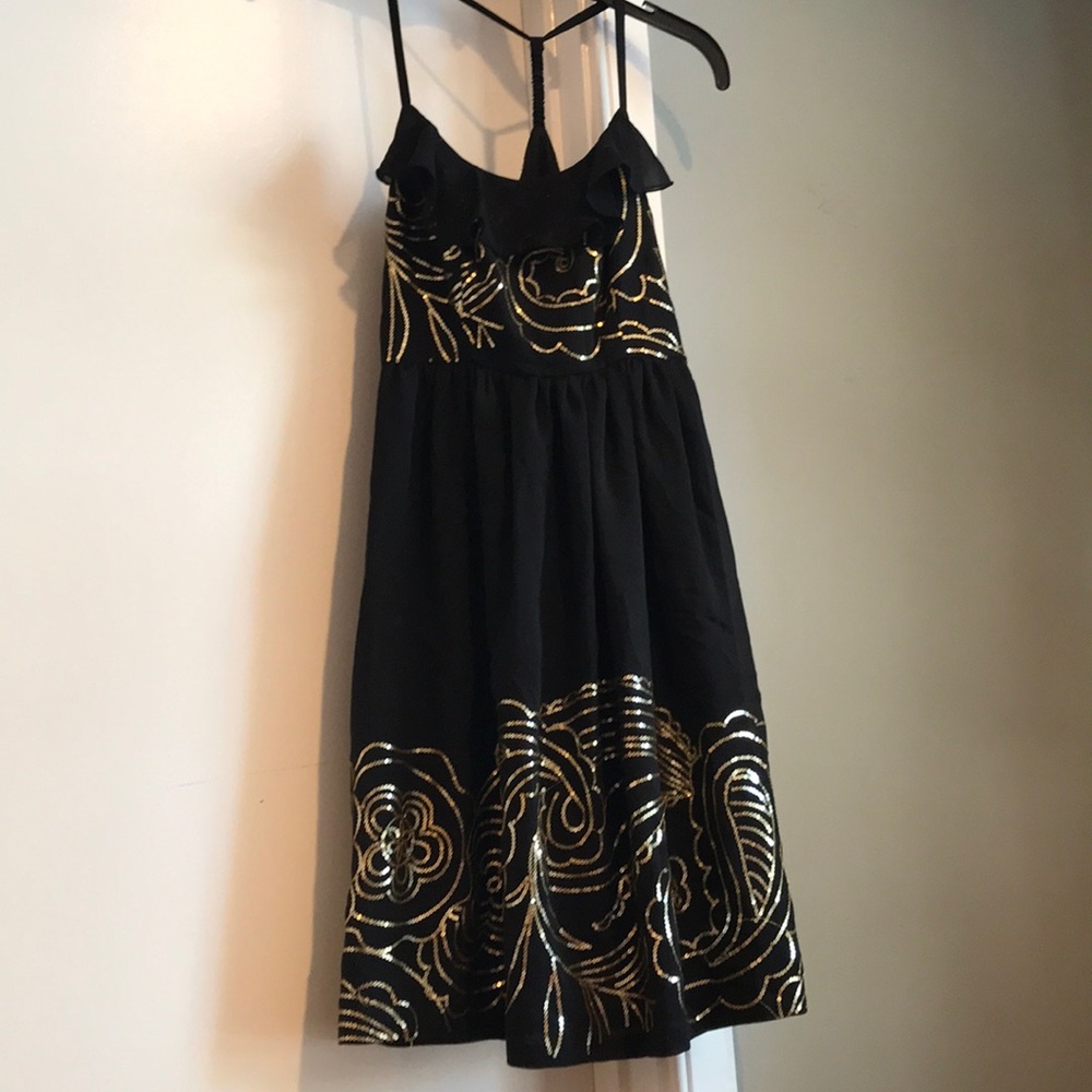 Black mini dress with gold sequins